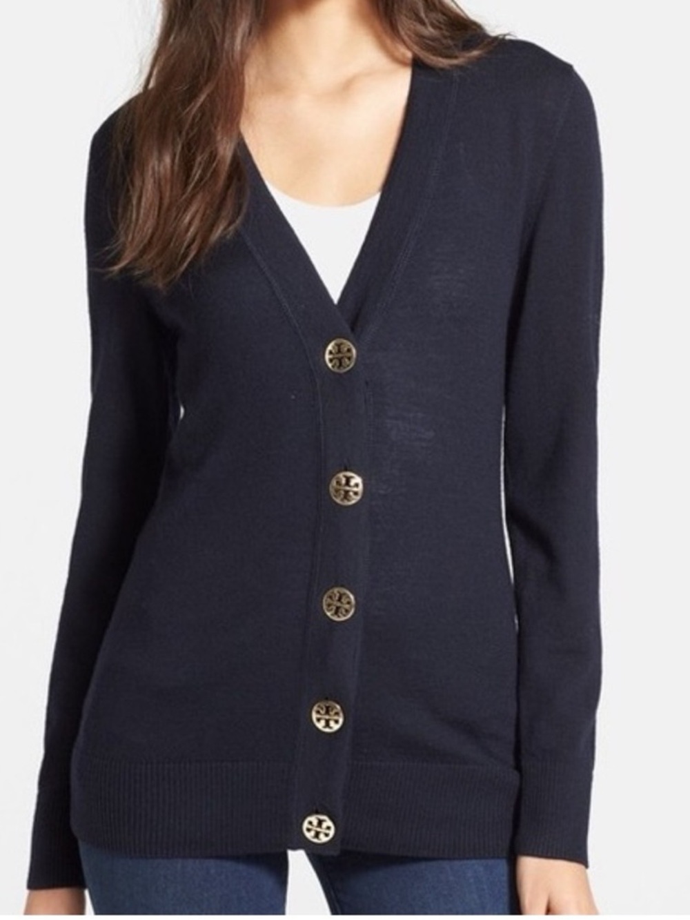 Tory Burch Simone Merino Wool Cardigan Sweater in Navy